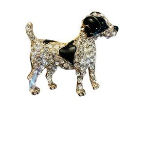 Playful Dog Brooch - Clear Stones - Black Enamel - Gold Tone